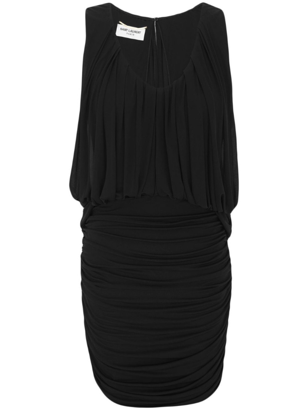 Saint Laurent YSL Black Ruched Draped Cape Jersey Sleeveless Mini Runway Dress